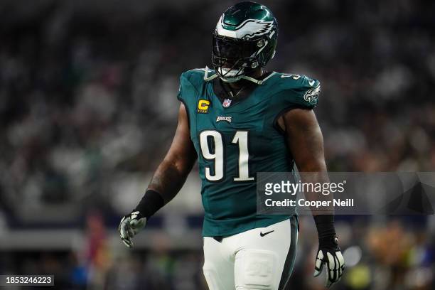 Fletcher Cox of the Philadelphia Eagles looks on from the field during an NFL football game against the Dallas Cowboys at AT&T Stadium on December...