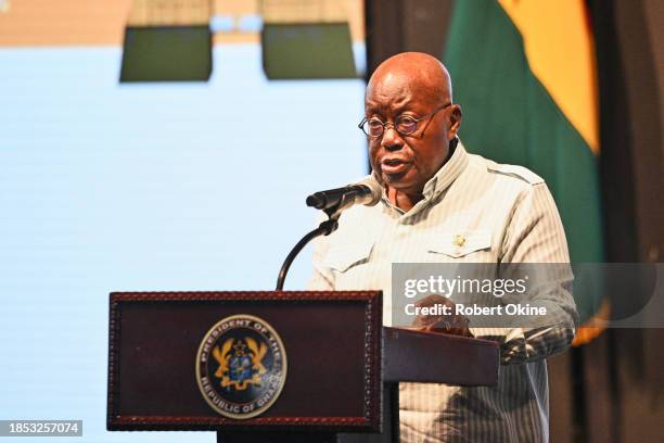 President Nana Akufo-Addo of Ghana, speaks at the Diaspora Engagement Policy launch at the Jubilee House on December 13, 2023 in Accra, Ghana.The...