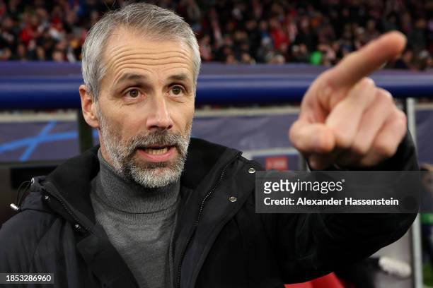 Marco Rose, Head Coach of RB Leipzig, gestures prior to the UEFA Champions League match between RB Leipzig and BSC Young Boys at Red Bull Arena on...