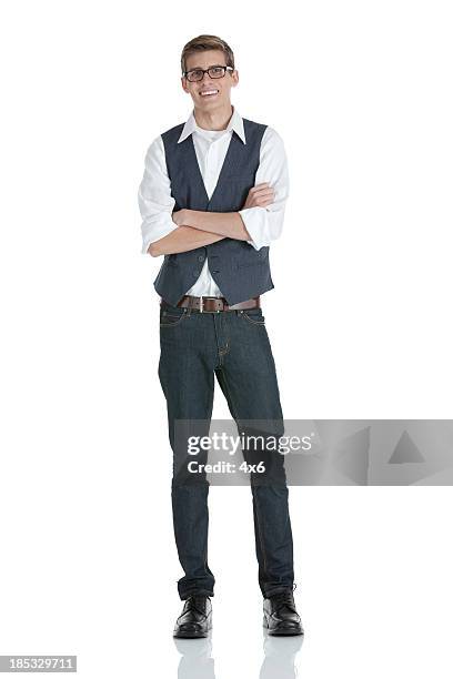 happy man standing with his arms crossed - waistcoat 個照片及圖片檔