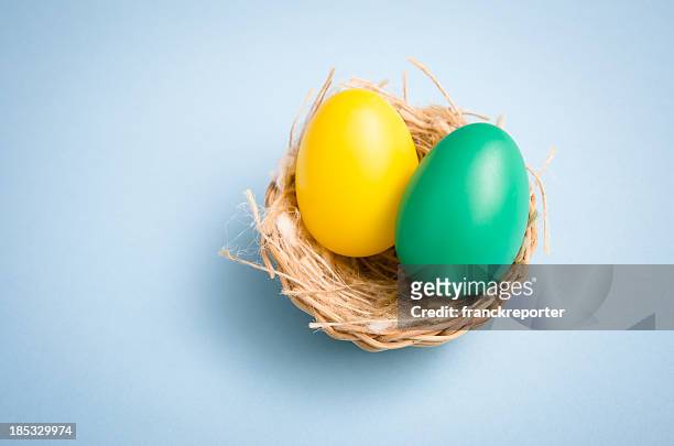 bemalte osterei in nest auf farbigen hintergrund - easter eggs basket stock-fotos und bilder