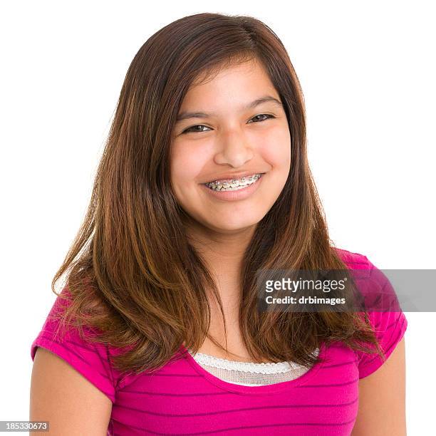 smiling teenage girl with braces - cute 15 year old girls stock pictures, royalty-free photos & images