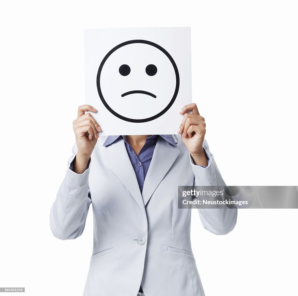 Woman Holding Sad Smiley Sign - Isolated