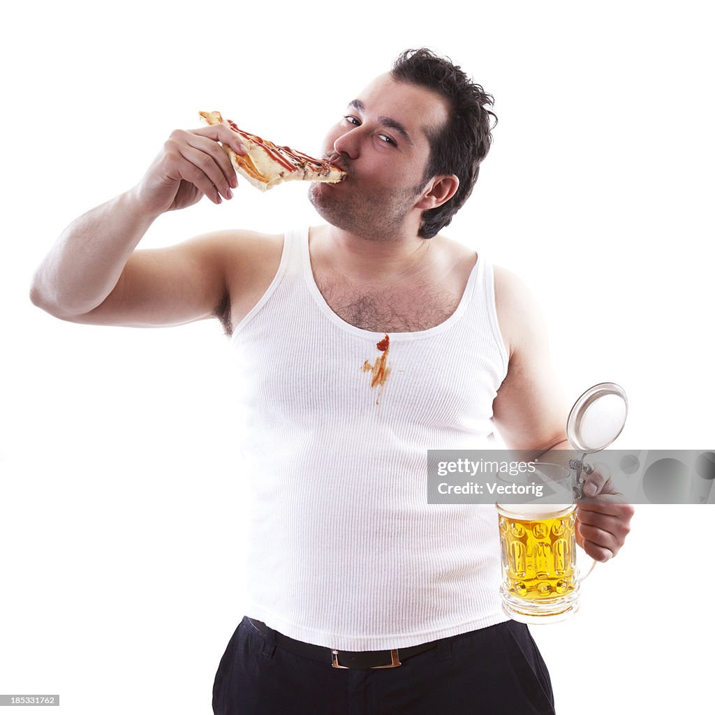 Mann Essen pizza und Bier trinken sein