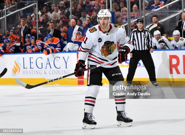 Taylor Raddysh of the Chicago Blackhawks skates during the game against the Edmonton Oilers at Rogers Place on December 12 in Edmonton, Alberta,...