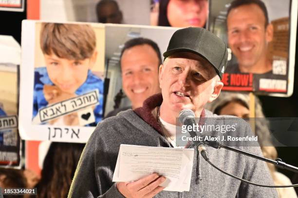 Actor Michael Rapaport speaks during a rally with the families of hostages and their supporters outside The Museum of Art known as the 'The Hostages...