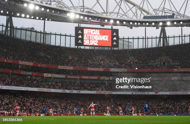 The electronic scoreboard delivers the news of a record 59,043 WSL crowd during the Barclays Women´s Super League match between Arsenal FC and...
