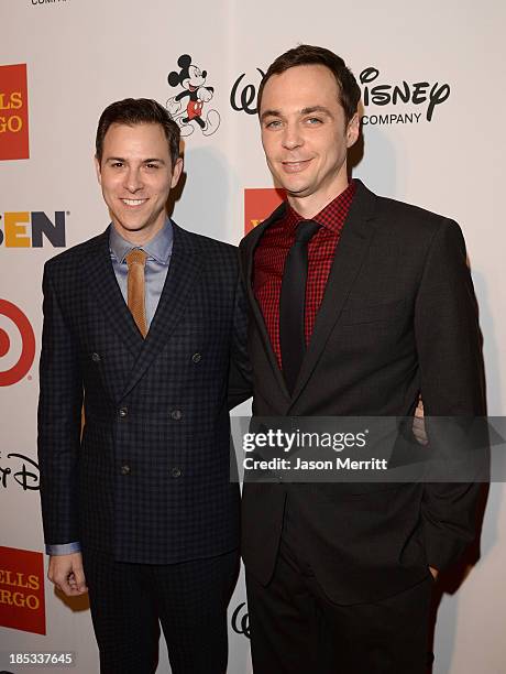Todd Spiewak and actor Jim Parsons arrive at the 9th Annual GLSEN Respect Awards at Beverly Hills Hotel on October 18, 2013 in Beverly Hills,...