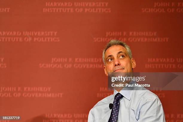 Chicago Mayor and Former White House Chief of Staff Rahm Emmanuel speaks at Harvard University's Institute of Politics John F. Kennedy Jr. Forum on...