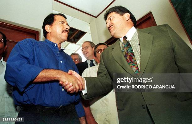 Daniel Ortega, ex- president of Nicaragua and leader of the Sandinista Front of National Liberation takes leave of the ambassador of the U.S.A.,...