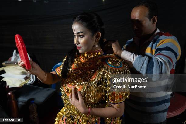 Popular Assamese actress Barasha Rani Bishaya is getting ready backstage to perform in an Assamese Bhaona in Guwahati, Assam, India, on December 15,...