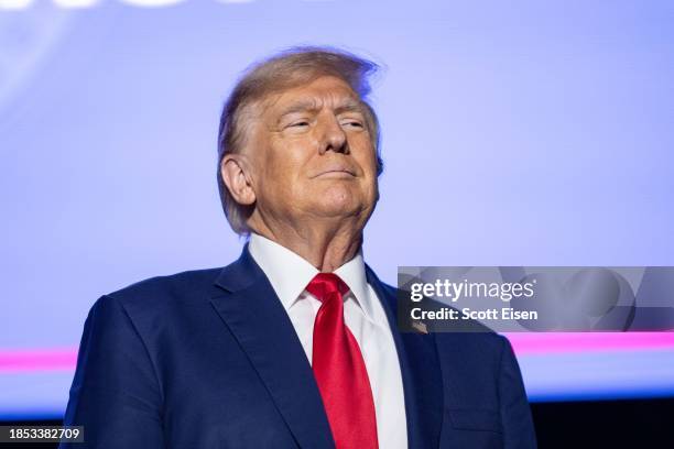 Republican presidential candidate, former President Donald Trump arrives at a campaign event at the Whittemore Center Arena on December 16, 2023 in...