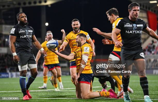 Belfast , United Kingdom - 16 December 2023; Stuart McCloskey of Ulster celebrates after scoring his side's second try during the Investec Champions...