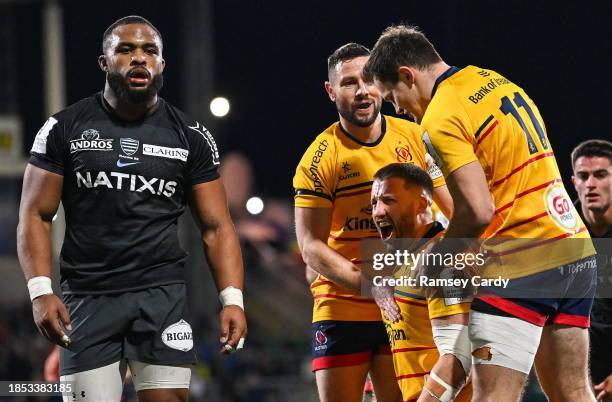 Belfast , United Kingdom - 16 December 2023; Stuart McCloskey of Ulster celebrates after scoring his side's second try during the Investec Champions...