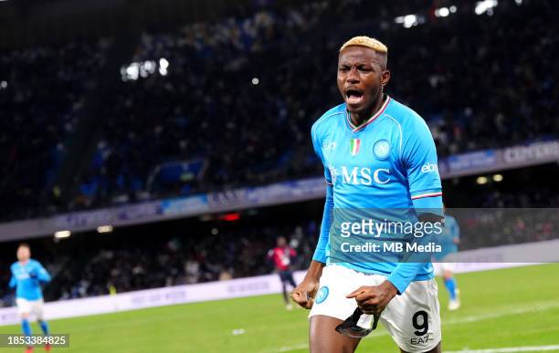 Victor Osimhen of SSC Napoli celebrates with team mates after scoring his goal ,during the Serie A TIM match between SSC Napoli and Cagliari Calcio...