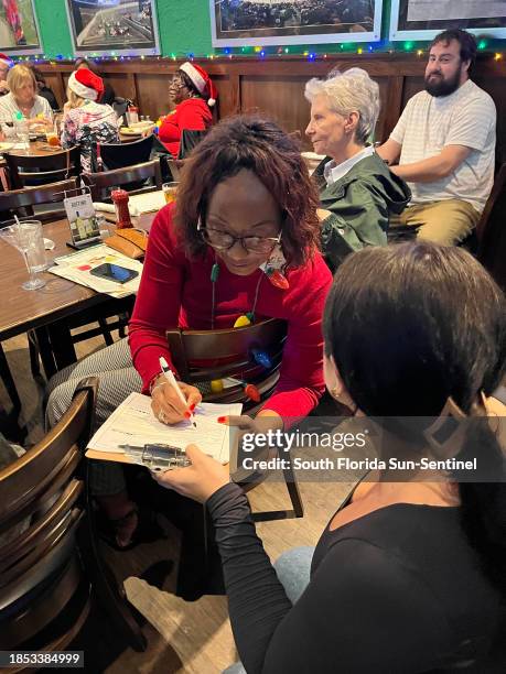 Marvis Williams signs a petition to put abortion access on the 2024 Florida voter ballot, on Dec. 14 in Plantation, Florida.