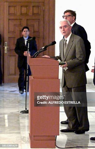 Drug Czar Barry McCaffrey , accompained by US ambassador Jefrey Davidow, speaks during a press conference after the meeting with Mexican President...