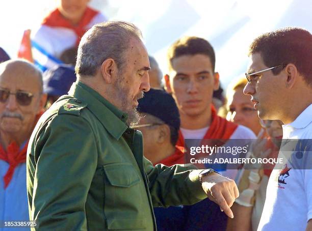 Dressed in his usual uniform, Cuban President Fidel Castro, verifies the hour in front of a march in Havana, 26 July 2000. The march celebrates the...