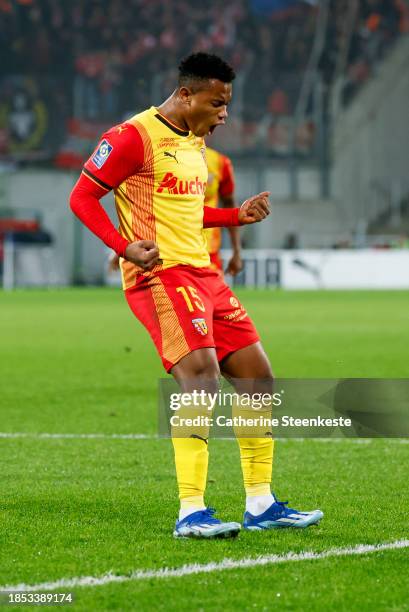 Oscar Cortes of RC Lens celebrates his goal during the Ligue 1 Uber Eats match between RC Lens and Stade de Reims at Stade Bollaert-Delelis on...