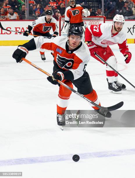 Cam York of the Philadelphia Flyers passes the puck out of the defensive zone during the first period of his game against the Detroit Red Wings at...