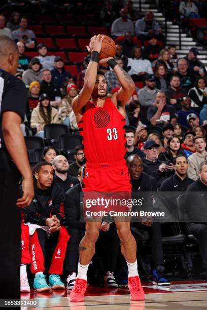 Toumani Camara of the Portland Trail Blazers shoots a three point basket during the game on December 16, 2023 at the Moda Center Arena in Portland,...