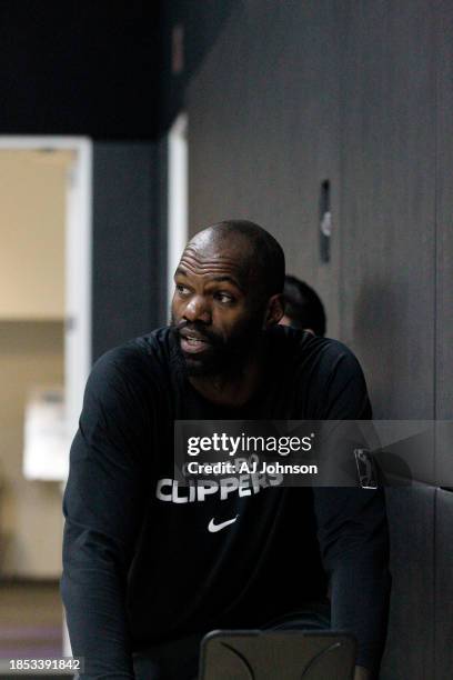 Dewayne Dedmon of the Ontario Clippers stays warm on the sidelines during the game against the South Bay Lakers on December 16, 2023 at UCLA Heath...