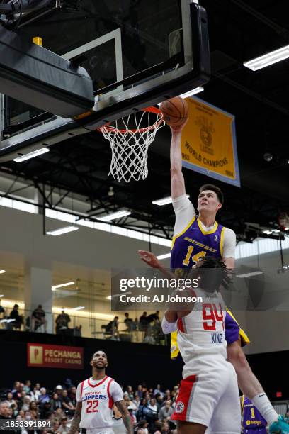 Colin Castleton of the South Bay Lakers dunks during the game against the Ontario Clippers on December 16, 2023 at UCLA Heath Training Center in El...