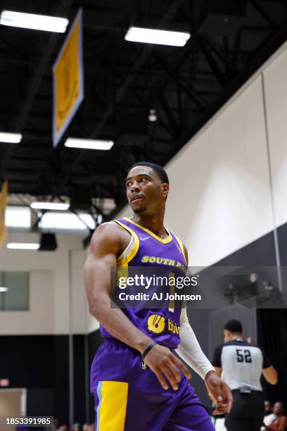 Shaquille Harrison of the South Bay Lakers looks on during the game against the Ontario Clippers on December 16, 2023 at UCLA Heath Training Center...