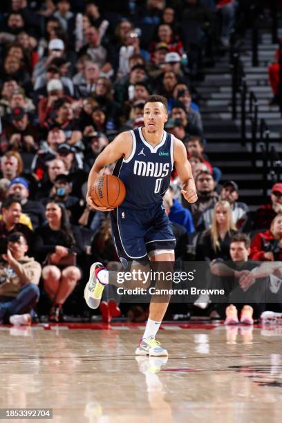 Dante Exum of the Dallas Mavericks handles the ball during the game on December 16, 2023 at the Moda Center Arena in Portland, Oregon. NOTE TO USER:...