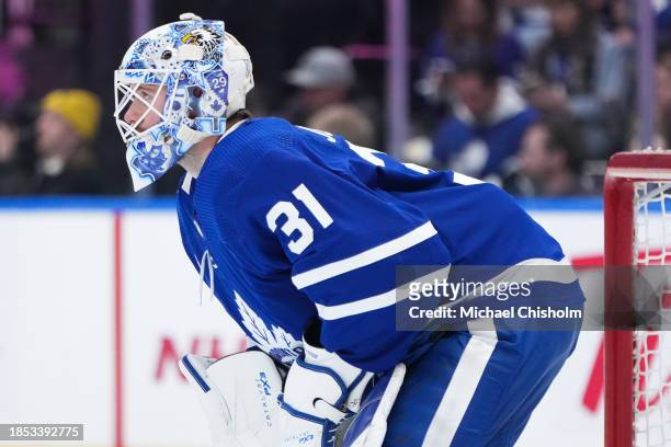Martin Jones of the Toronto Maple Leafs looks on prior to playing against the Pittsburgh Penguins at Scotiabank Arena on December 16, 2023 in...