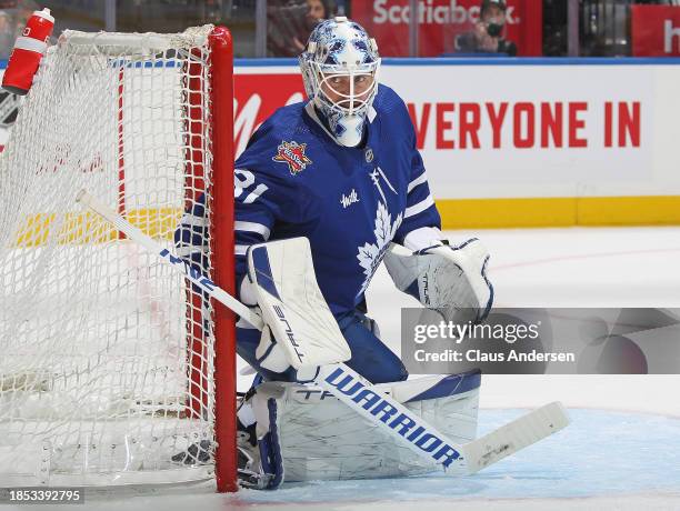 Martin Jones of the Toronto Maple Leafs protects the corner of his net against the Pittsburgh Penguins during the third period in an NHL game at...