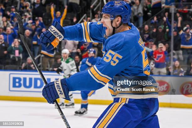 Colton Parayko of the St. Louis Blues celebrates his game-winning goal in overtime against the Dallas Stars on December 16, 2023 at the Enterprise...