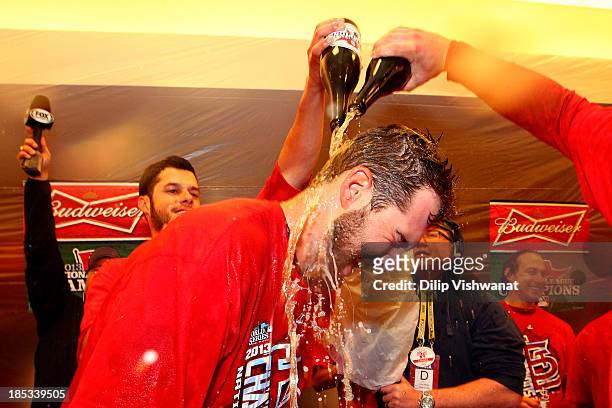 Michael Wacha of the St. Louis Cardinals celebrates after the Cardinals defeat the Los Angeles Dodgers 9-0 in Game Six of the National League...