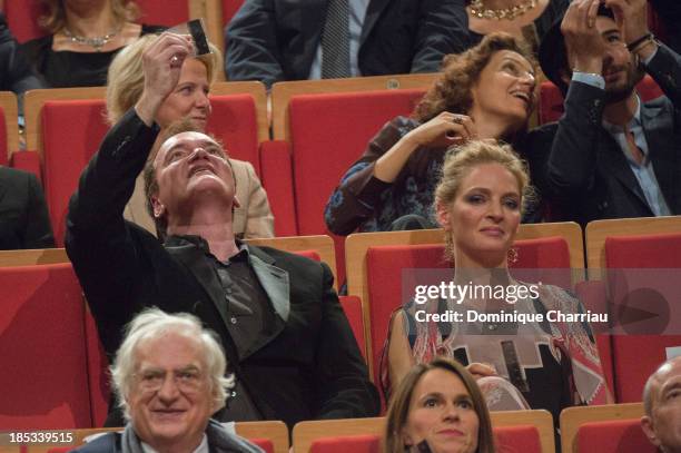 Quentin Tarantino attends and Uma Thurman attend the Tribute to Quentin Tarantino during the 'Lumiere 2013, Grand Lyon Film Festival' on October 18,...