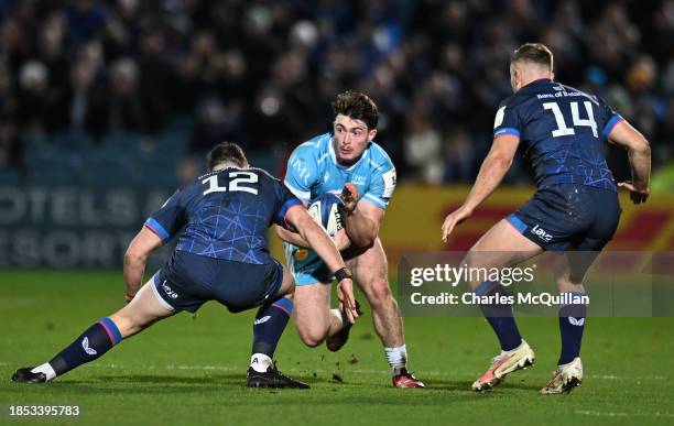 Raffi Quirke of Sale is tackled by Robbie Henshaw of Leinster during the Investec Champions Cup match between Leinster Rugby and Sale Sharks at RDS...
