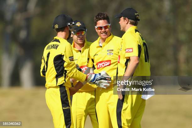 Marcus North of the Warriors celebrates with his team mates after taking the wicket of Evan Gulbis of the Tigers during the Ryobi Cup match between...