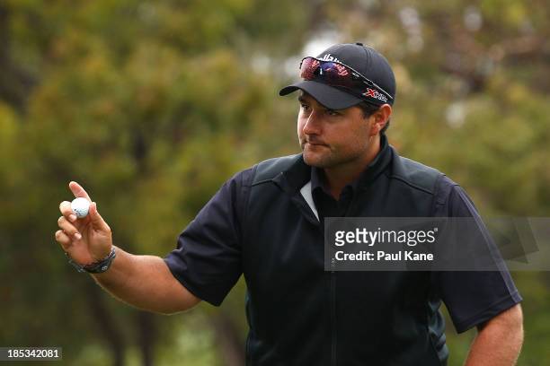 Brody Ninyette of Australia acknowledges the gallery after completing his round during day three of the Perth International at Lake Karrinyup Country...