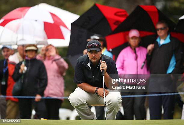 Brody Ninyette of Australia lines up a putt on the 18th hole during day three of the Perth International at Lake Karrinyup Country Club on October...