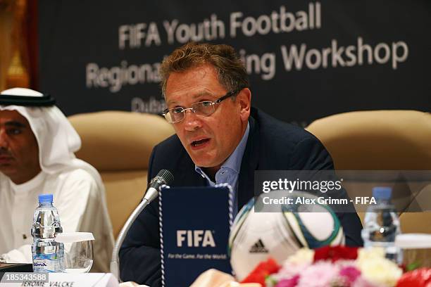 Secretary General Jerome Valcke opens the FIFA Football Regional Coaching Workshop at Emirates Concorde Hotel on October 19, 2013 in Dubai, United...