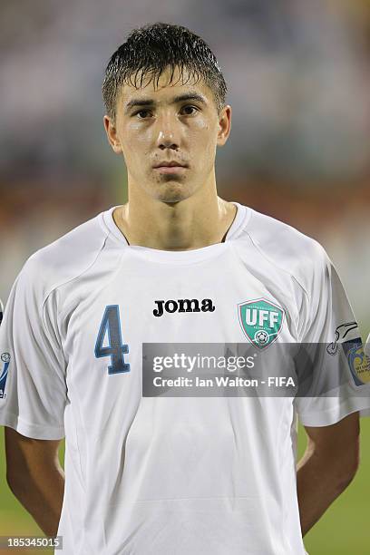 Akramjon Komilov of Uzbekistan during the Group C, FIFA U-17 World Cup between Panama and Uzbekistan at Fujairah Stadium on October 18, 2013 in...