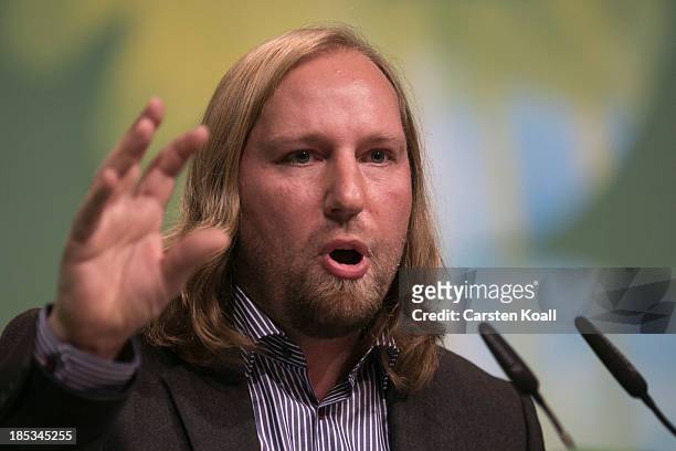 Anton Hofreiter, newly elected German Greens Party Bundestag faction co-leader, speaks at a federal conference of Greens Party delegates on October...