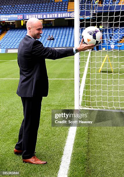 The referee checks the goal line technology prior to the Barclays Premier League match between Chelsea and Cardiff City at Stamford Bridge on October...