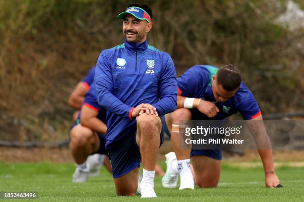 Shaun Johnson during a New Zealand Warriors training session at Go Media Stadium on December 14, 2023 in Auckland, New Zealand.