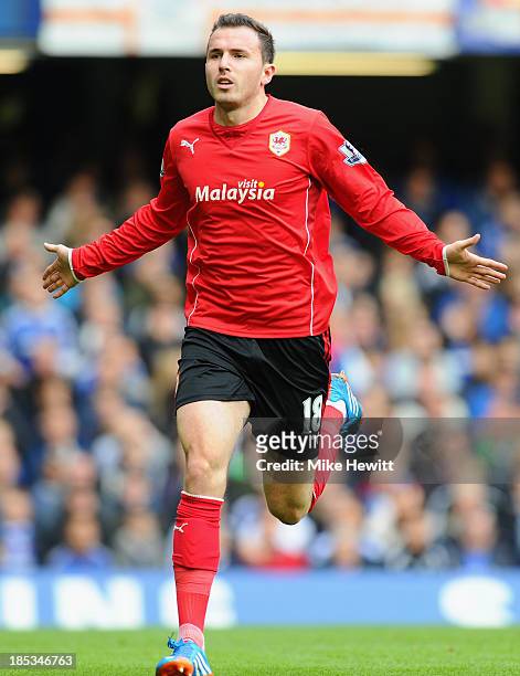 Jordon Mutch of Cardiff celebrates after scoring the first goal during the Barclays Premier League match between Chelsea and Cardiff City at Stamford...
