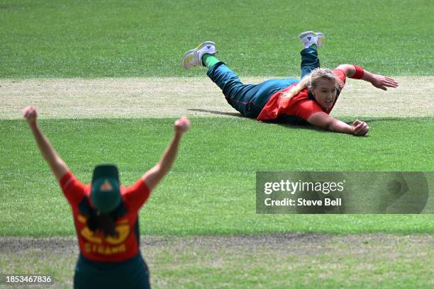 Hayley Silver-Holmes of the Tigers takes the catch to dismiss Josie Dooley of the Scorpions during the WNCL match between Tasmania and South...