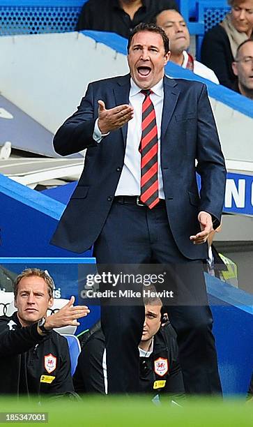 Cardiff City manager Malky Mackay gestures on the sidelines during the Barclays Premier League match between Chelsea and Cardiff City at Stamford...