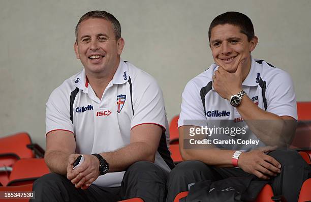 England head coach Steve McNamara and assistant coach Paul Deacon watches the International match between England Knights and Samoa at Salford City...