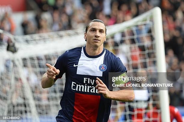 Paris Saint-Germain's Swedish forward Zlatan Ibrahimovic celebrates after scoring a goal during the French L1 football match Paris Saint Germain...