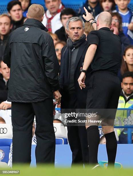 Chelsea manager Jose Mourinho is sent off by referee Anthony Taylor during the Barclays Premier League match between Chelsea and Cardiff City at...