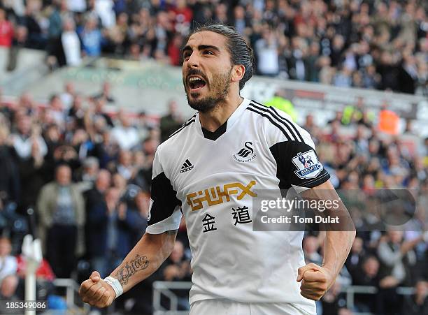 Chico Flores of Swansea City celebrates his goal during the Barclays Premier League match between Swansea City and Sunderland at Liberty Stadium on...